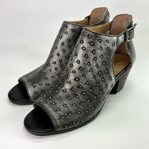 Lucky Brand Barimo Open Toe Studded Leather Booties 7.5 Metallic Grey - Picture 2 of 16